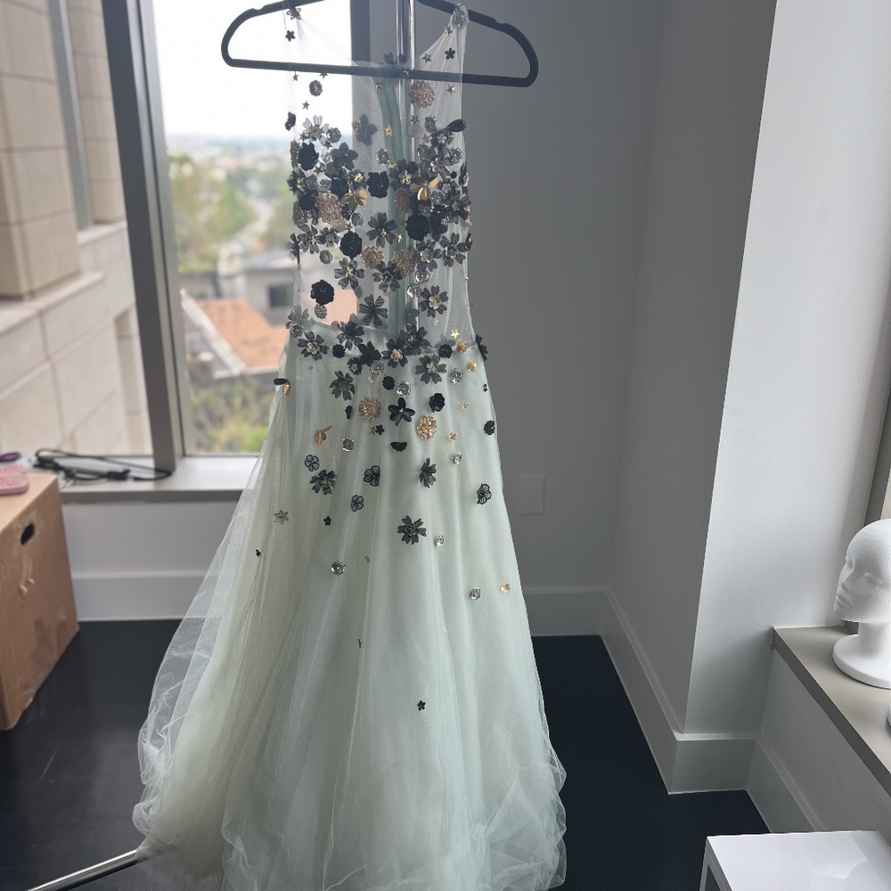 Alex Vinash Sheer Tulle Dress with Black and Gold Floral Accents